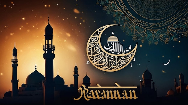 Texto caligráfico del Ramadán Mubarak traducido al idioma árabe con la mezquita para celebrar el musulmán