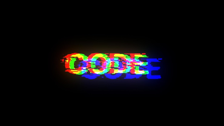 Foto texto de código de representación 3d con efectos de pantalla de fallas tecnológicas