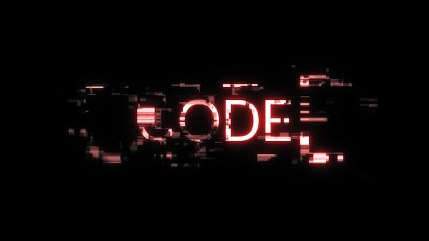 Texto de código de representación 3D con efectos de pantalla de fallas tecnológicas