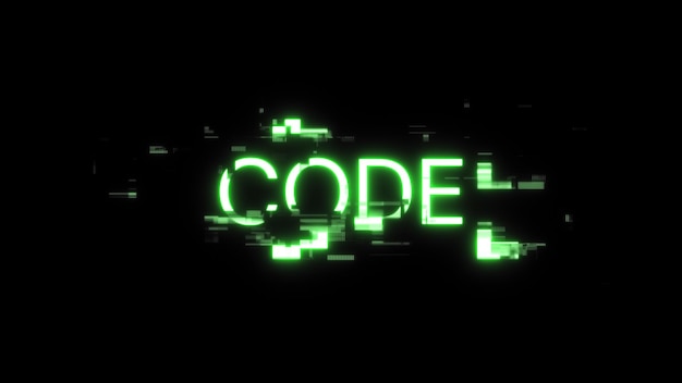 Texto de código de representación 3D con efectos de pantalla de fallas tecnológicas