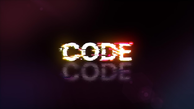 Texto de código de representación 3D con efectos de pantalla de fallas tecnológicas