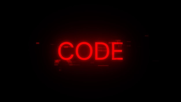Texto de código de representación 3D con efectos de pantalla de fallas tecnológicas