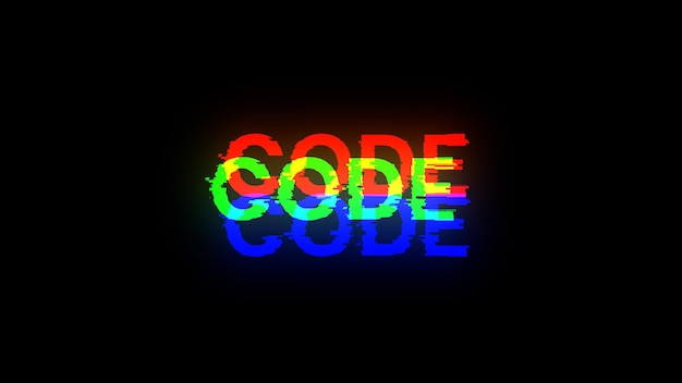 Texto de código de representación 3D con efectos de pantalla de fallas tecnológicas