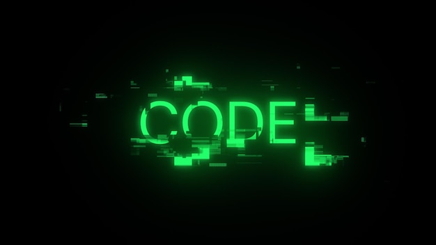 Texto de código de representación 3D con efectos de pantalla de fallas tecnológicas