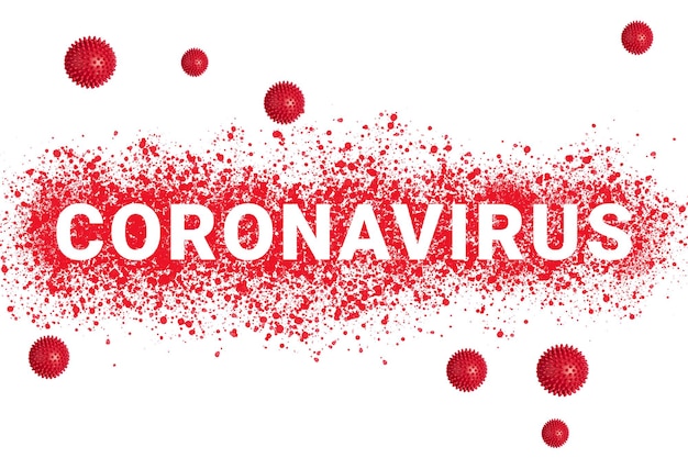 Texto coronavirus en línea roja salpicada con cepas simbólicas de virus en blanco