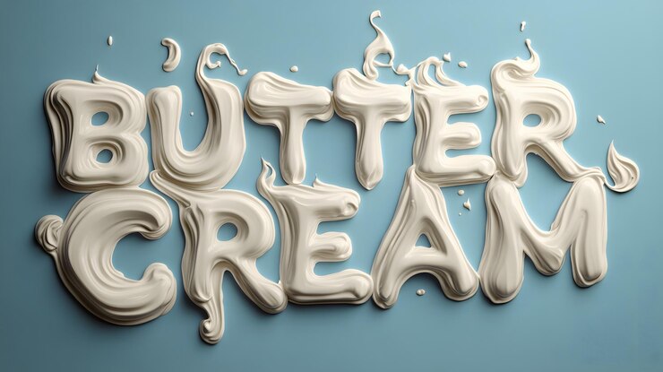 Foto texto de crema de mantequilla hecho de glaseado cremoso en forma de letras sobre un fondo azul pastel suave