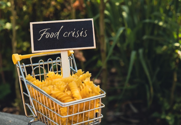 Texto de CRISIS ALIMENTARIA en la etiqueta de Blackboard Carrito de la compra Lleno de pasta sobre fondo agrícola Aumento del precio de compra de alimentos y comestibles Aumento del costo de los alimentos Inflación de la crisis alimentaria