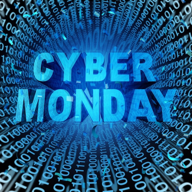 Texto de Cyber Monday en una espiral de números binarios