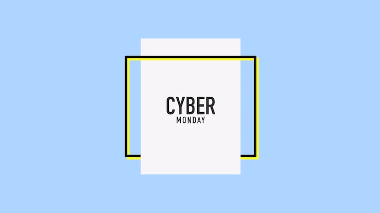 Foto texto cyber monday sobre fondo azul de moda y minimalismo con marco geométrico