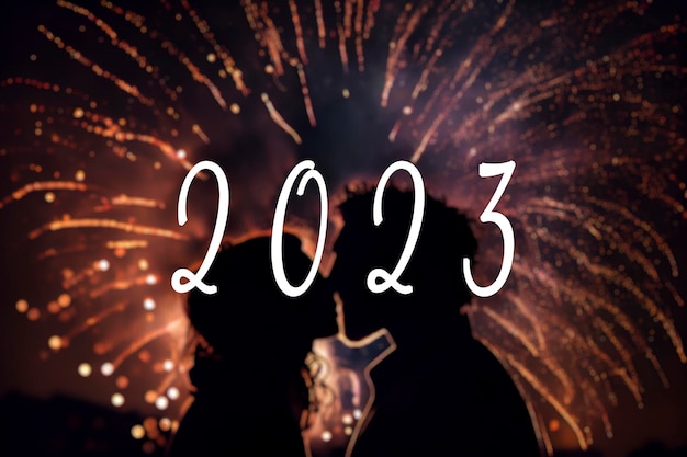 Texto de 2023 e silhueta de um casal com fogos de artifício de ano novo ao fundo