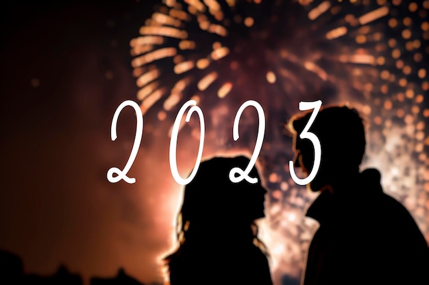 Texto de 2023 e silhueta de um casal com fogos de artifício de ano novo ao fundo