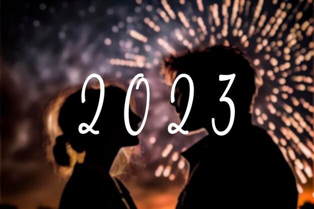 Texto de 2023 e silhueta de um casal com fogos de artifício de ano novo ao fundo