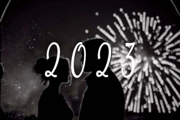 Texto de 2023 e silhueta de um casal com fogos de artifício de ano novo ao fundo