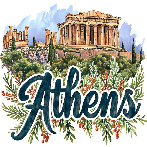 Texto de Atenas com tipografia inspirada na Grécia Antiga na coleção de artes paisagísticas em aquarela