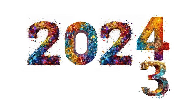 Texto de brilhos multicoloridos de 2023 a 2024