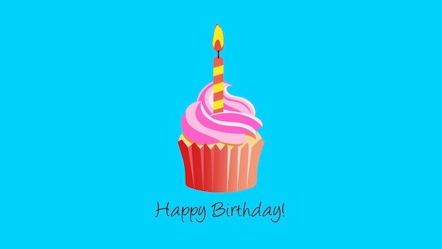 Texto de feliz aniversário closeup com bolo e vela em fundo azul de férias. modelo de estilo dinâmico luxuoso e elegante para cartão de férias, ilustração 3d