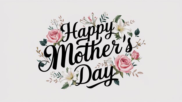 Texto de Feliz Dia da Mãe escrito com flores isoladas em fundo branco