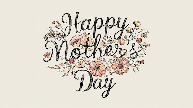 Texto de Feliz Dia da Mãe escrito com flores isoladas em fundo branco