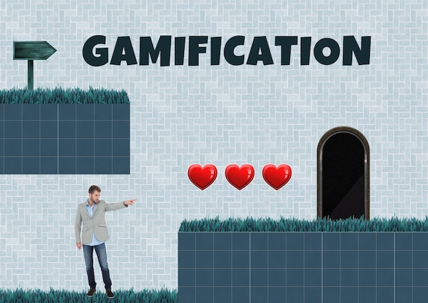 Texto de gamificação e homem no nível de jogo de computador com corações e armadilha