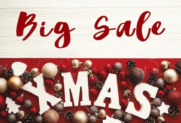 Texto de grande venda de Natal e placa branca de Natal em plano de fundo vermelho Oferta especial de Natal Enfeites de enfeites vermelhos e dourados Compras e vendas