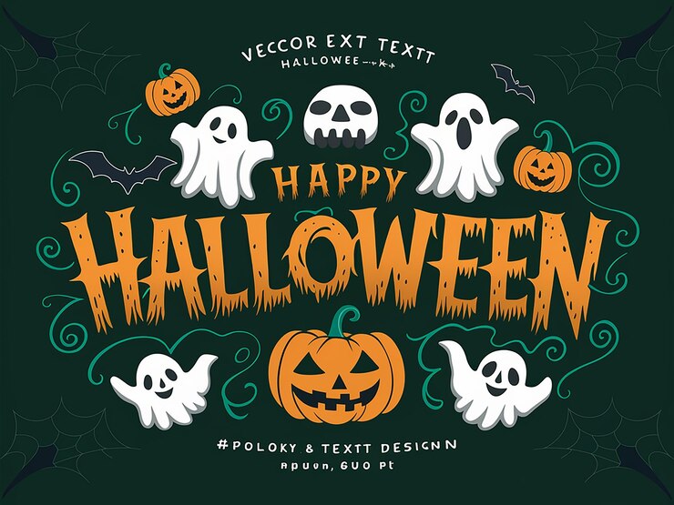 Foto texto de halloween, lanternas, morcegos, fantasmas.