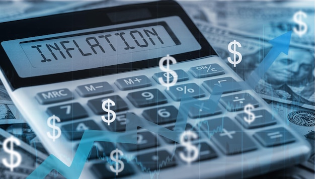 Texto de inflação na calculadora em dólares americanos cálculo de fundo de preço aumenta o custo de produtos e mercadorias inflação do dólar americano