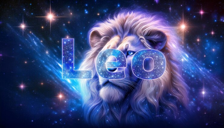 Foto texto de leão com fundo de galáxia conceito de astrologia