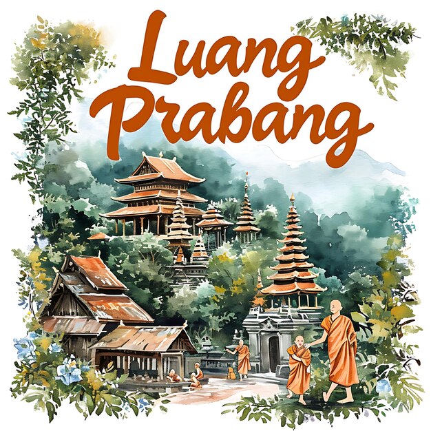 Texto de Luang Prabang com tipografia graciosa e fluida Desi Watercolor Lanscape Arts Collection