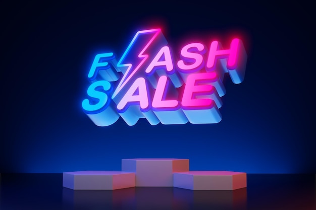 Texto de luz neon de venda em flash com renderização 3d de exibição vazia