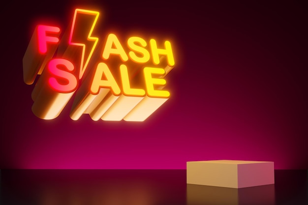 Texto de luz neon de venda em flash com renderização 3d de exibição vazia