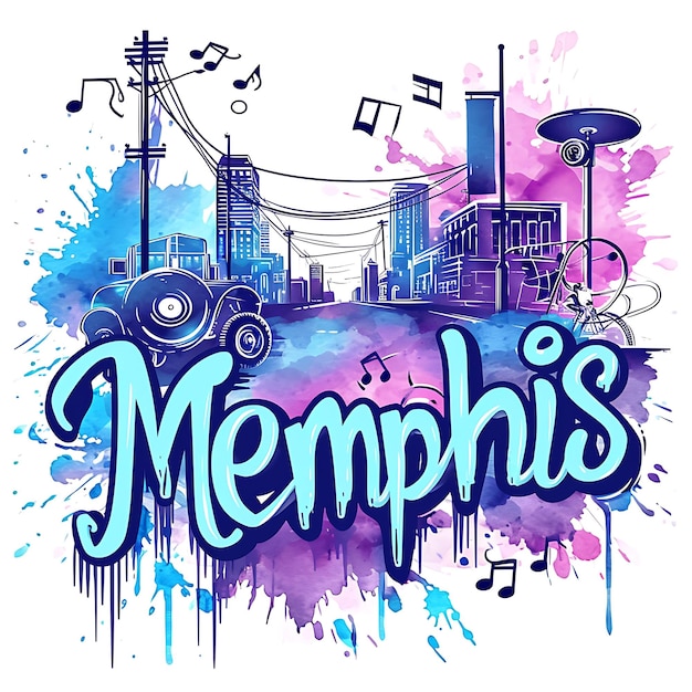 Texto de Memphis com tipografia inspirada em blues e soul Design aquarela Lanscape Arts Collection