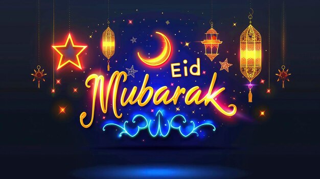 Texto de néon azul e amarelo brilhante Eid Mubarak