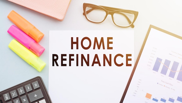Texto de refinanciamento em casa em papel branco em uma área de trabalho com marcadores de calculadora de óculos e gráficos financeiros Negócios e conceito financeiro