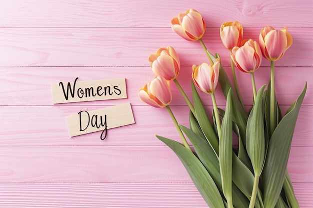 Texto del día de la mujer con flores de tulipán en una mesa de madera rosada Día de la mujer