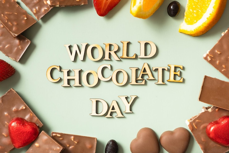 Foto texto del día mundial del chocolate con vista superior plana de chocolate sobre fondo verde pastel