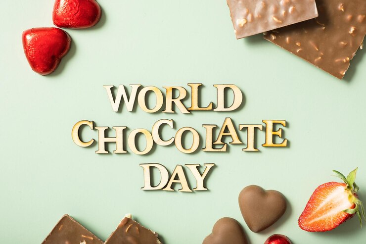 Foto texto del día mundial del chocolate con vista superior plana de chocolate sobre fondo verde pastel