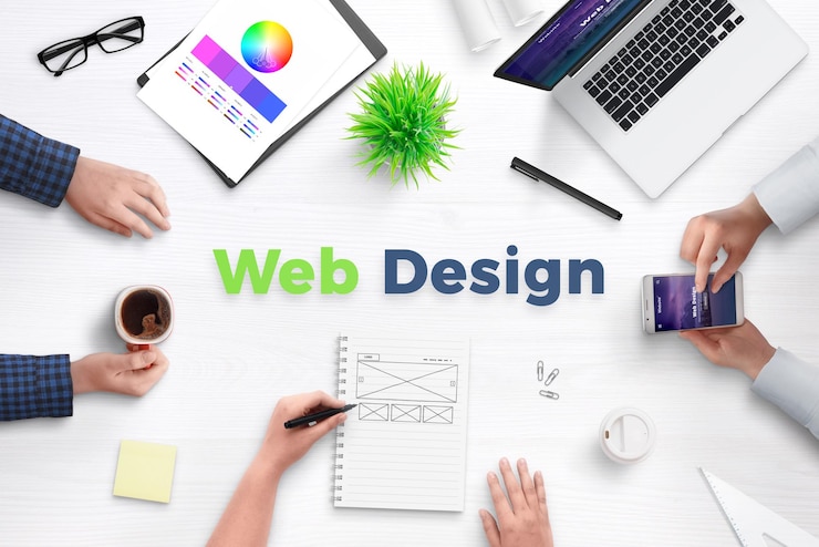 Foto texto de diseño web en el escritorio de trabajo rodeado de proyectos de dispositivos de equipo de desarrollo web e ideas en papel concepto de reunión de equipo