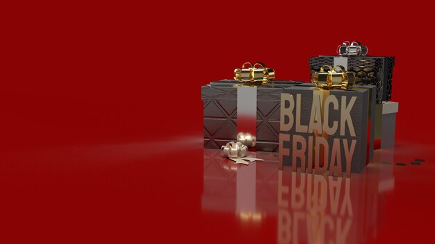 El texto dorado del Black Friday y las cajas de regalo en rojo.