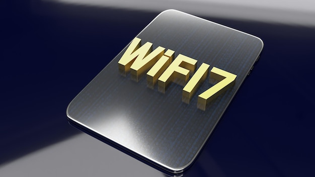 El texto dorado wifi 7 en tableta para internet o tecnología concepto 3d renderingxA