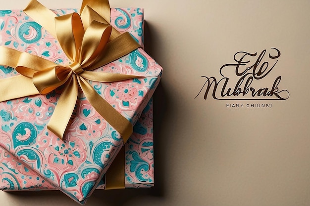 El texto de Eid Mubarak junto a las cajas de regalos de Eid