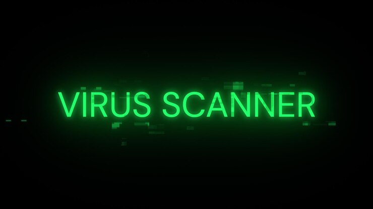 Foto texto de escáner de virus de representación 3d con efectos de pantalla de fallas tecnológicas