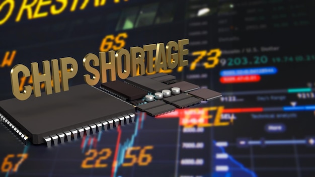 El texto de escasez de chips y la representación 3d de la placa ic y pcb