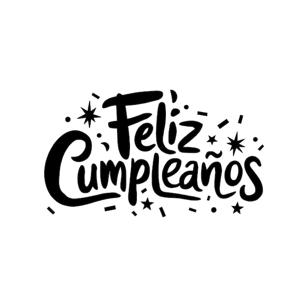 El texto escrito a mano dice Feliz Cumpleanos rodeado de estrellas decorativas y confeti