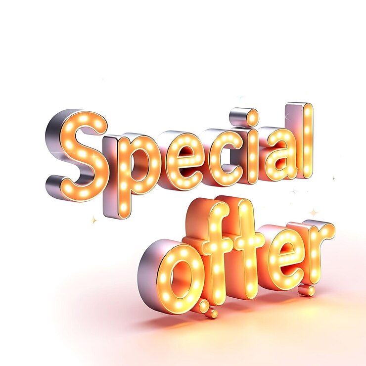 Foto texto especial en 3d oferta especial brillan brillantemente las letras con un diseño de neón brillante que rodea