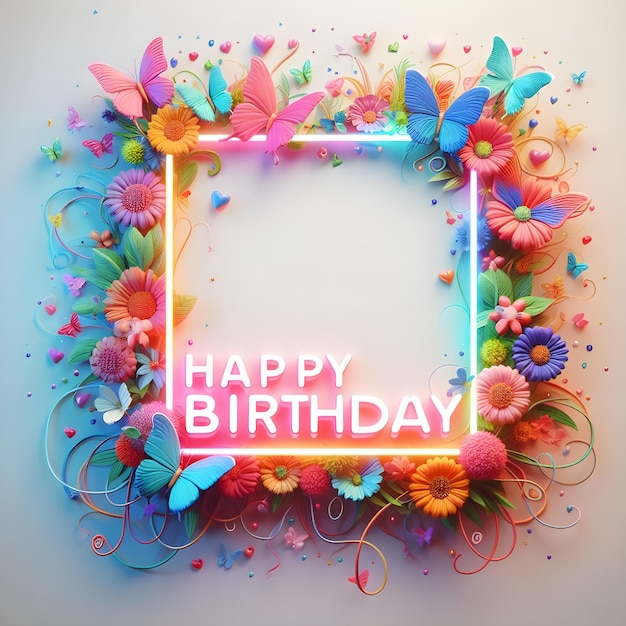 Texto feliz aniversário 3D Render full color neon splash fundo