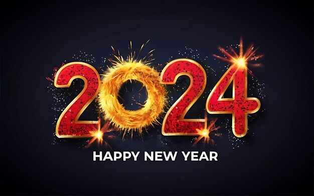 Foto texto feliz ano novo texto em relevo 2024 com fundo vermelho verde preto fogo trabalho branco amarelo fu
