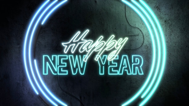 Texto feliz año nuevo y círculos de neón en la pared, fondo abstracto. Ilustración 3d de estilo de club dinámico elegante y de lujo