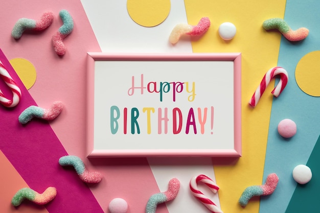 Texto Feliz cumpleaños en marco sobre papel de colores en capas Surtido de dulces confitería chocolates y bastones de caramelo alrededor del marco Diseño de saludo colorido con espacio de copia