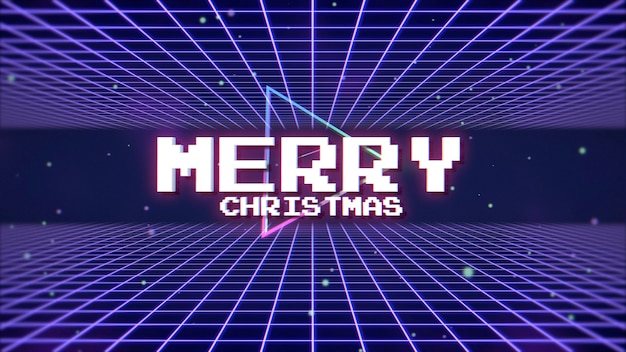 Texto Feliz Navidad y triángulo abstracto con cuadrícula, fondo retro