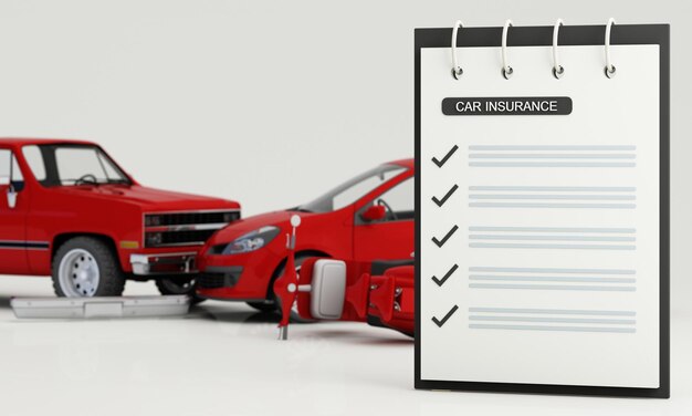 El texto del formulario de seguro de automóvil detrás de la imagen borrosa de un accidente automovilístico Concepto de garantía de seguridad y protección del automóvil aislado en la representación 3d de fondo blanco